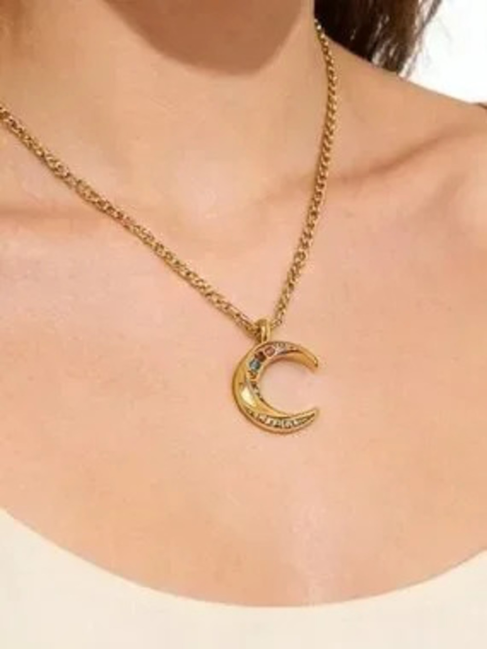 Anthropologie Gold Crescent Moon Pendant Necklace with Multicolored Stones